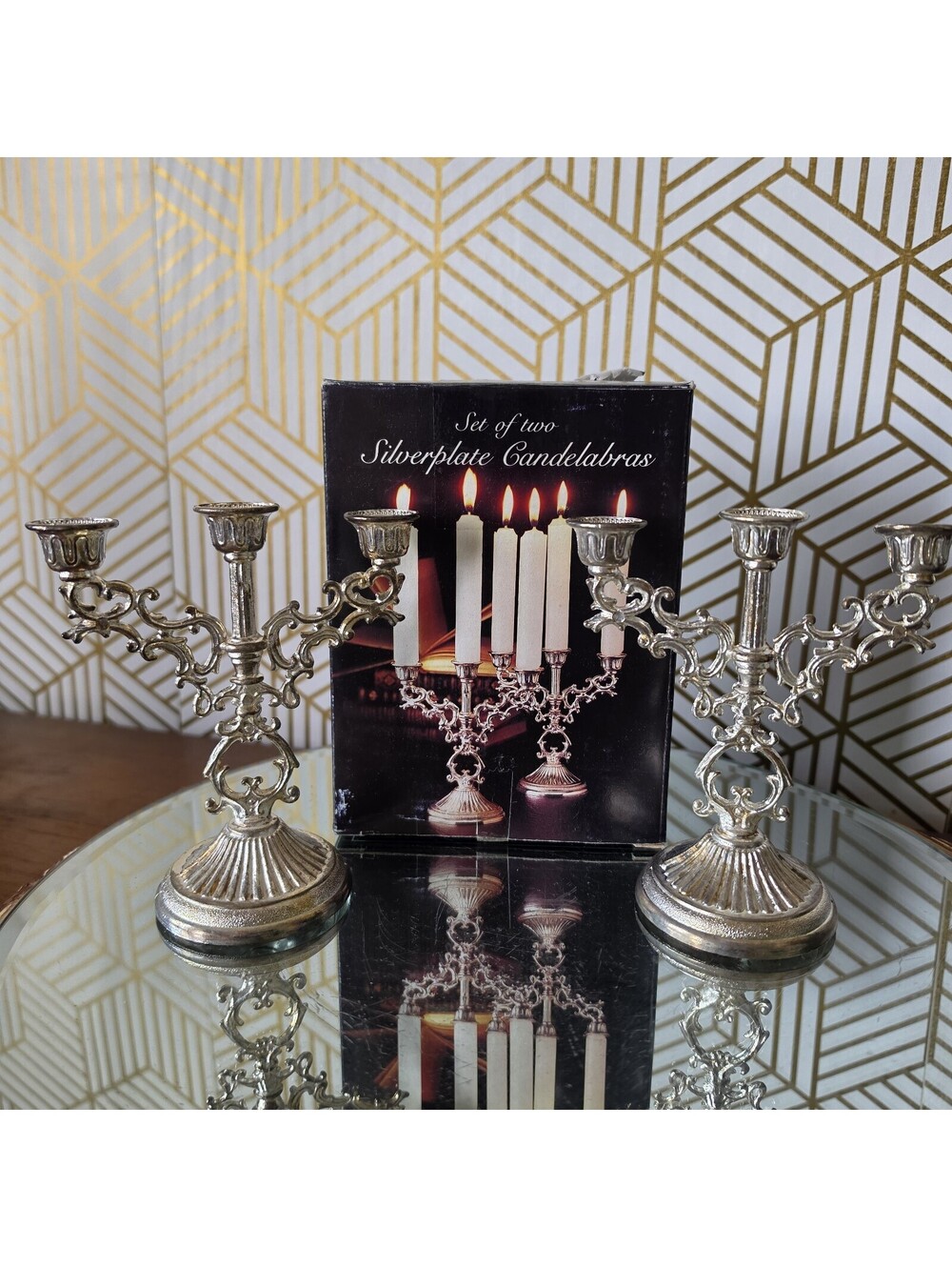 Vintage Pair Silver Plated Ornate Chime Candle Candelabras 5" - Hong Kong